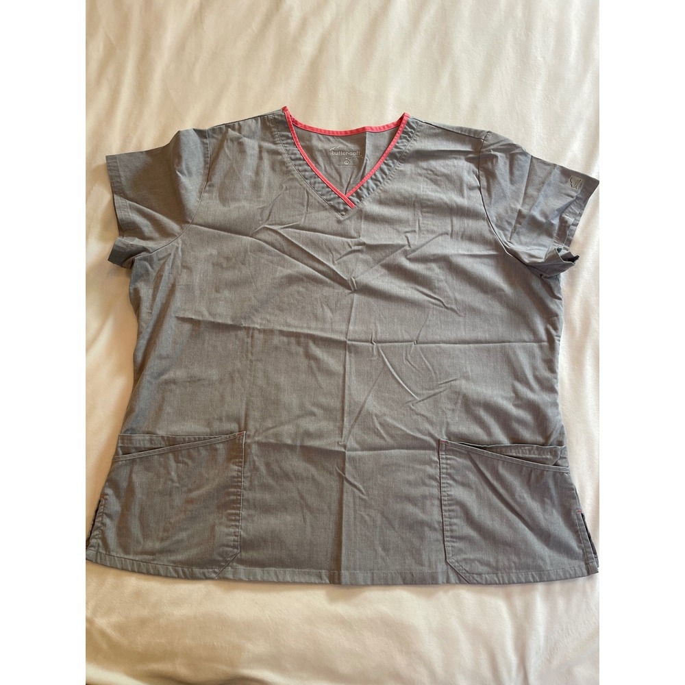 Butter-Soft Stretch Gray Pink Trim V-Neck Scrub Top Women 2X Short Sleeve Pocket